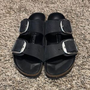 Birkenstock Black Slides with Metallic Buckles